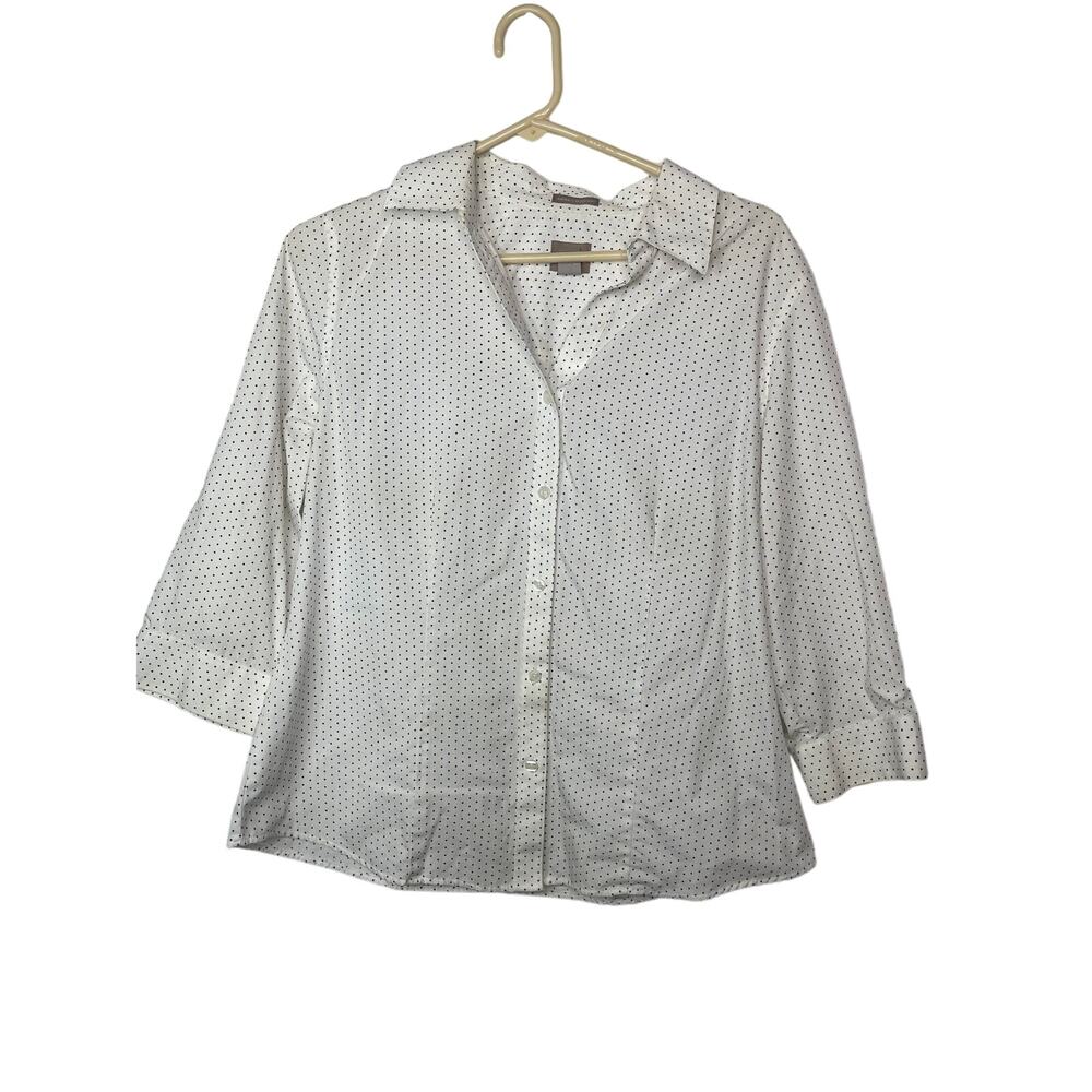 Chico's button up down shirt top women's size 8 white w blue Swiss polka dot